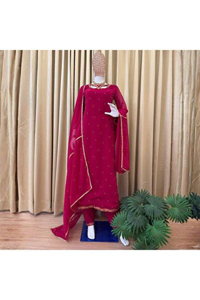 MYSMAR Red Faux Georgette Salwar Kameez & Dupatta - HRT4616 | Red