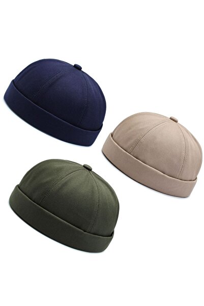 Rupen Kraft Set of 3 100% Cotton Cap Adjustable Docker Hat Summer Skullcap Hat Retro Hat Skullcap Hat