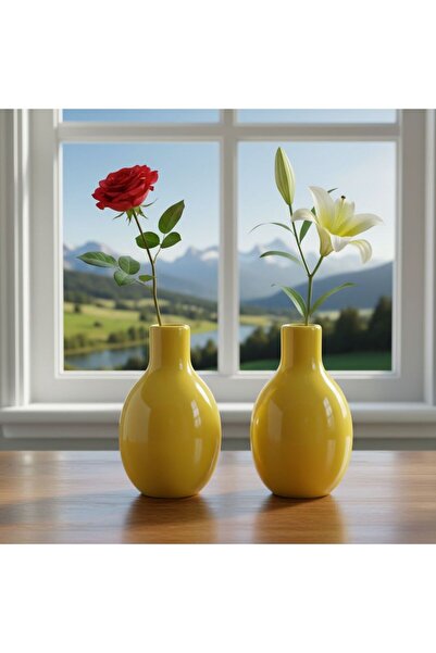HOLLYHOME 2 Decorative Ceramic Vases, Yellow, 16 cm