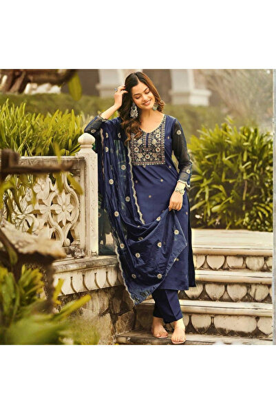 MYSMAR Blue Rayon Cotton Salwar Kameez & Dupatta - HRT4206 | Blue