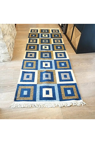 OEM Traditional woven jute rug, reversible, 80 x 200 cm, blue and cream, Geometric pattern