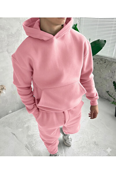 NİCE Pink Three Thread Compact Hooded Inside Cotton Premium O Oversized Tracksuit Bottom Top Set