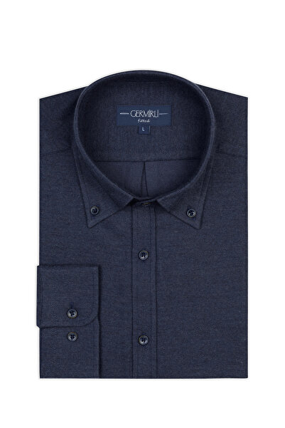 Germirli Navy Blue Flannel Buttoned Collar Tailor Fit Cotton Shirt