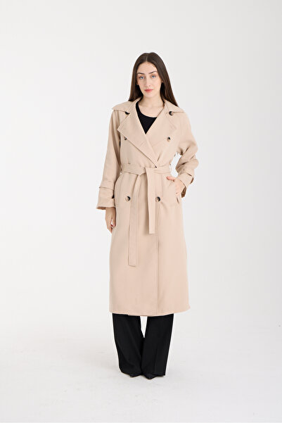 Bolivente Beige Button Detailed Oversized Belted Trench Coat