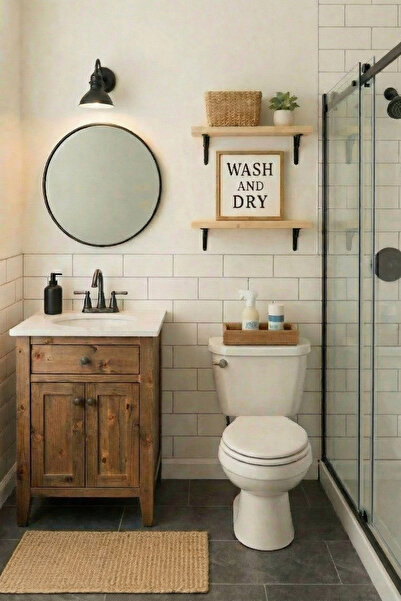 AdnDesing Banyo Dolabı Seti-Ayaklı İki Kapaklı-Doğal Ahşap Rustik Çam- 70 Cm Alt Dolap-50 Cm Aynalı