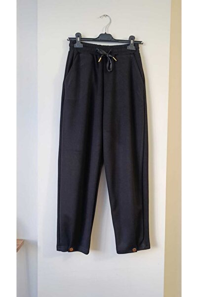 Butik Şans Women's Black Elastic Waist Pocketed Casual Pants with Button Detail on the Legs