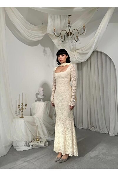 Julidress Square Neck Lined Maxi Long Length Premium Lace Dress with Shawl