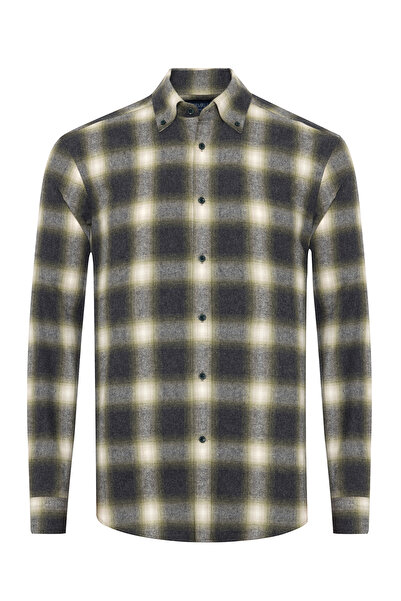 Germirli Albini Anthracite Green Plaid Flannel Buttoned Collar Tailor Fit Cotton Lumberjack Shirt