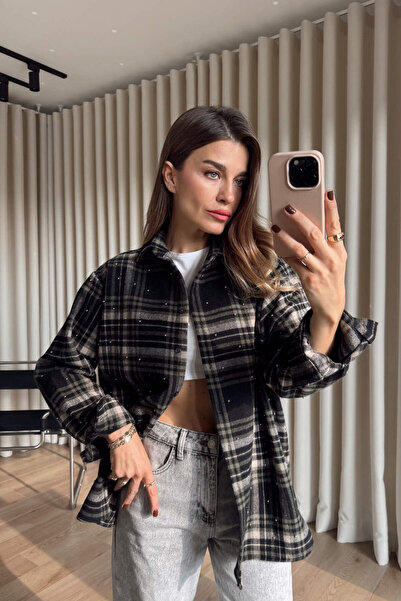 Sue Store Khaki Beige Plaid Oversized Lumberjack Shirt with Stone Detail