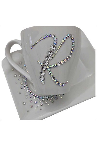 by Alexandra Vacarusi White cup and saucer set, 36cl, decorated with crystals, Personalized gift, byAlexandra Vacarusi