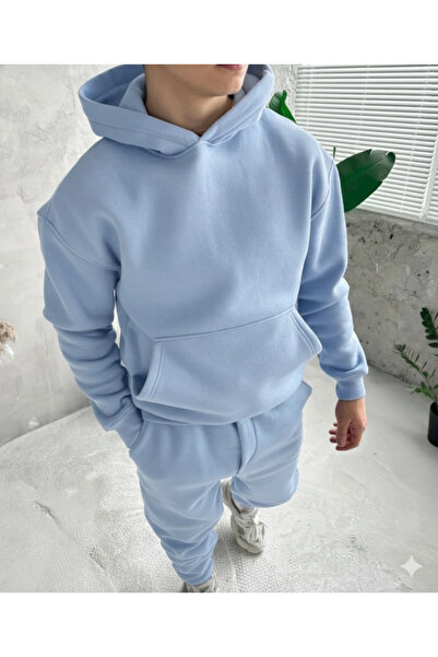 NİCE Bebe Mavi Три нитки Компактний капюшон Бавовняна підкладка Преміум Oversize Комплект спортивного костюма