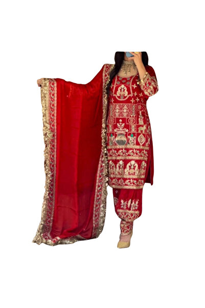 MYSMAR Red Crepe Kameez Salwar & Dupatta - HRT5272 | Red