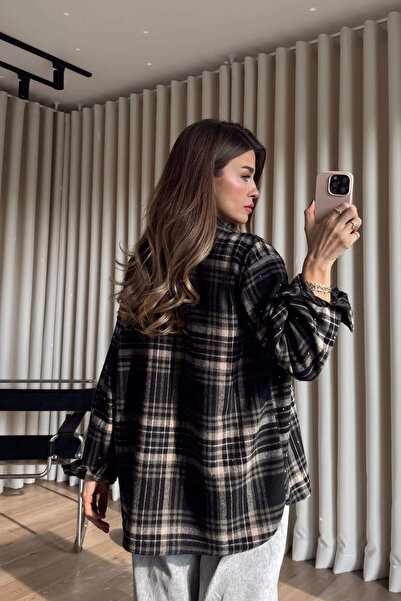 Sue Store Khaki Beige Plaid Oversized Lumberjack Shirt with Stone Detail