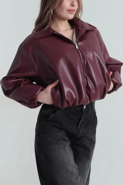 Coşkun GİYİM Women's Bomber Zippered Leather Coat Bordo 26128