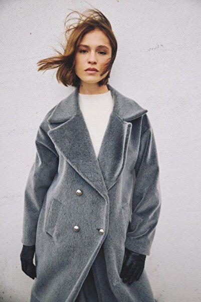 Kokoşum Butik 6610 Long Button Detailed Feather Coat Gray