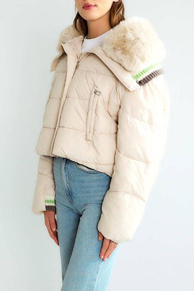 Robin 99790 Knitwear Detailed Puffer Coat Ecru