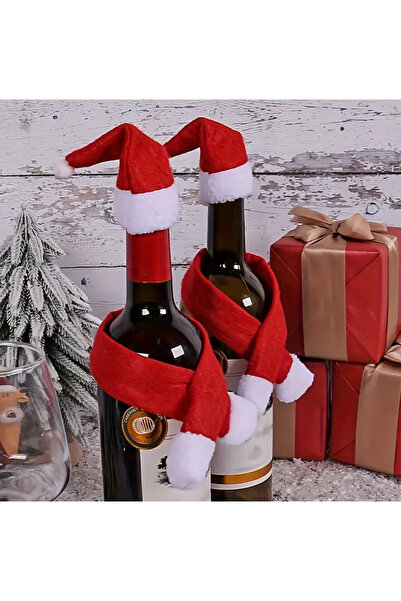 So Iconic 1 Çift Noel Şapkası ve Atkısı Şarap Şişesi Kılıf Seti / Yılbaşı Tem...