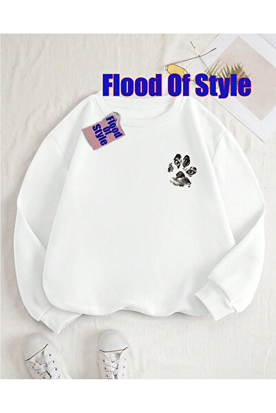 Flood Of Style Λευκή γάτα Μινιμαλιστική μπλούζα με λαιμόκοψη με τύπωμα