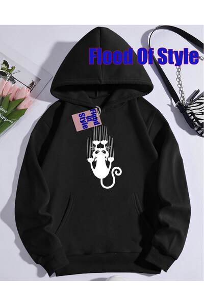 Flood Of Style سويت شيرت بياقة بيسكيت مطبوع من بلاك كات مينيماليست