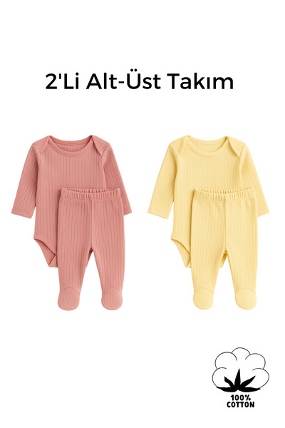 Mai Perla Kız Bebek Organik Pamuklu 4 Parça 2’li Zıbın Body ve Patikli Alt Takım Seti (0-9 Ay)