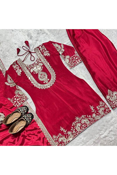 MYSMAR Red Chinnon Silk Salwar Kameez & Dupatta - HRT5385 | Red