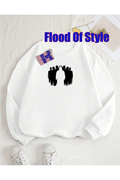 Flood Of Style White Human Minimalist Printed Biskilet Collar Sweatshirt