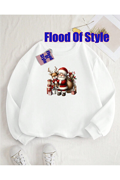 Flood Of Style White Christmas Minimalist Printed Crew Neck Sweatshirt