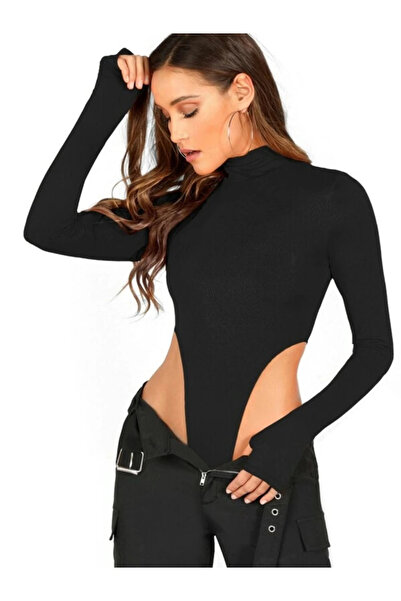 MetuCA Дамски черен боди с рибарска деколте, без пръсти, двуслоен, от пясъчен...