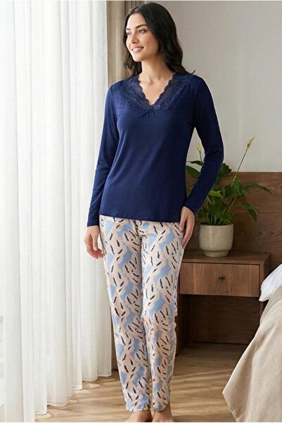 MORRO Long Sleeve Viscose Pajama Set Lace Detail Comfortable Casual Sleepwear Set