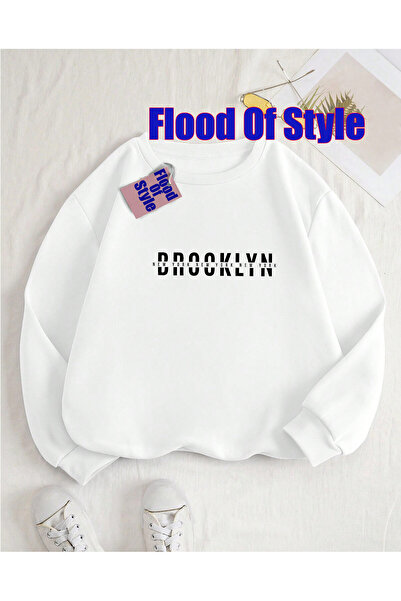 Flood Of Style سويت شيرت أبيض بتصميم نيويورك مينيماليست مطبوع بياقة دائرية