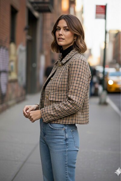 Suziş Women's Checked Plaid Fabric Lining Short Jacket 4S3007