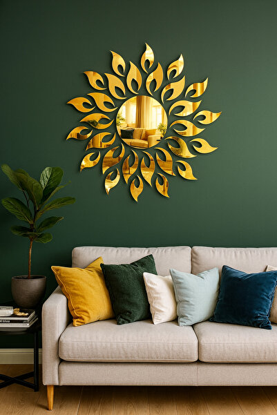 Nirvana Decor Güneş Motifli Pleksi Ayna Duvar Dekoru, Gold / Gümüş Modern Dek...