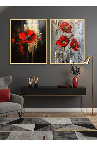 Linacci Set of 2 Gold Metal Frame Red Poppy Flower Glass Paintings