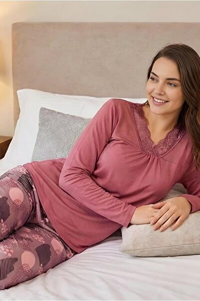 MORRO Long Sleeve Viscose Pajama Set Lace Detail Comfortable Casual Sleepwear Set