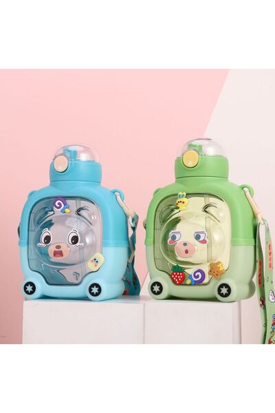 Issa Children's Bottle 20x12x6cm with Silicone Straw, Handle and Strap - Animal Models, Various Colors