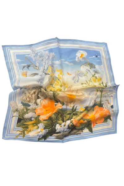 OMG Natural silk scarf, flower and butterfly print, 53x53 cm