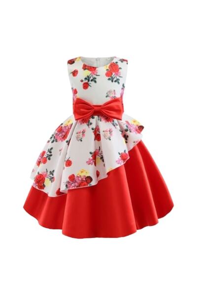 OEM Red dress with rose print and red bow for girls aged 3 years