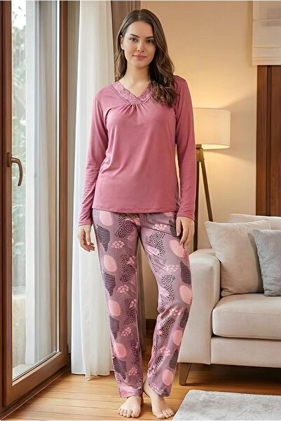 MORRO Long Sleeve Viscose Pajama Set Lace Detail Comfortable Casual Sleepwear Set