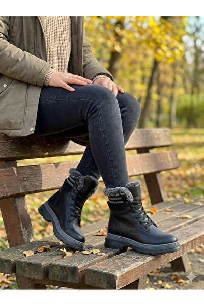 Acropol Women's Black Fur Laced Thick Soled Winter Boots