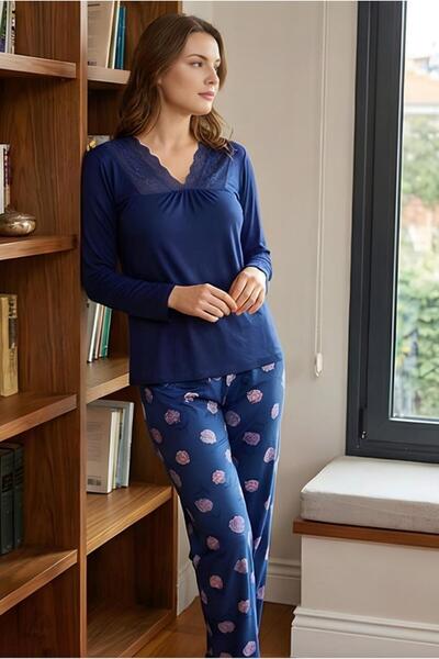 MORRO Long Sleeve Viscose Pajama Set Lace Detail Comfortable Casual Sleepwear Set