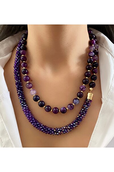 Takkı by Handan Kristal el örgüsü ve mor akik taşı tasarım kolye.