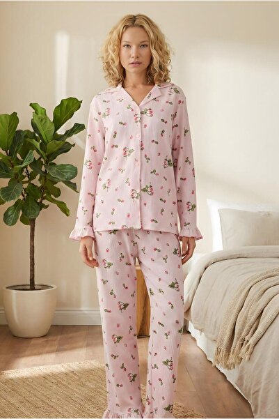 MORRO طقم بيجامة نسائية بأزرار من قماش بوروميك - طقم ملابس منزلية أنيقة بأكما...
