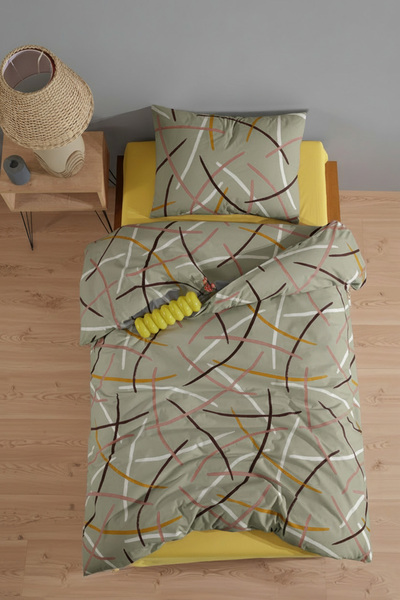 LADYNİL 100% Cotton Single Duvet Cover Set with Elastic Fitted Sheet, Green Striped