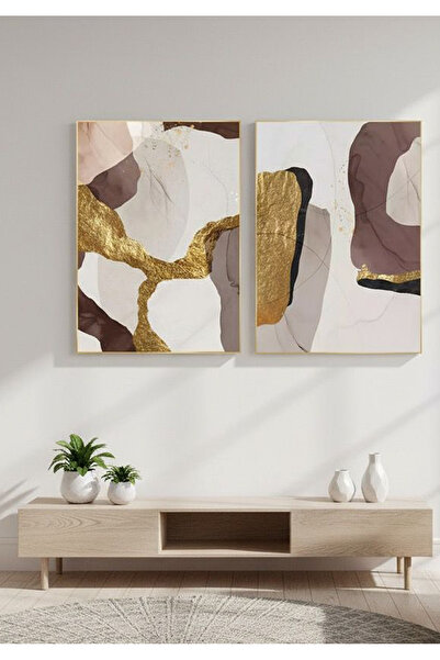 Linacci Σετ 2 τεμαχίων χρυσό μεταλλικό πλαίσιο με καφέ κίτρινο σχέδιο γυάλινο σετ τραπεζιών