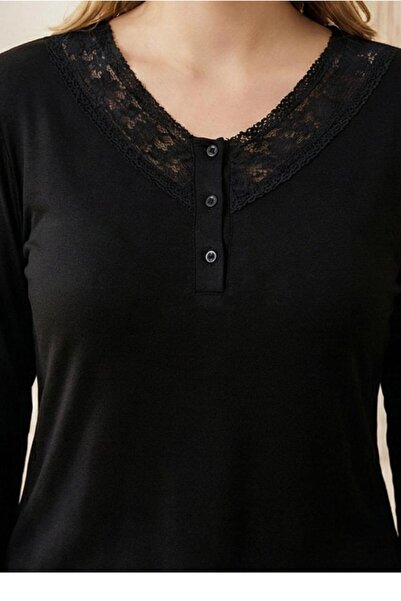 MORRO Long Sleeve Viscose Pajama Set Lace Detail Comfortable Casual Sleepwear Set