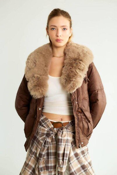 Robin 99912 Collar Fur Padded Jacket Brown