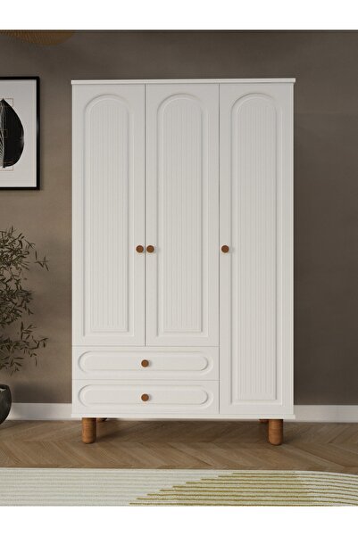umondesign Umon Design Bohem 3 Kapaklı 2 Çekmeceli Askılı Gardırop Geniş Elbise Dolabı MDF KAPAK