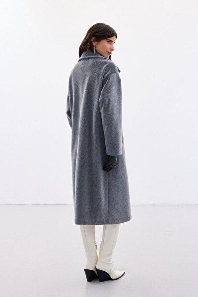 Kokoşum Butik 6610 Long Button Detailed Feather Coat Gray