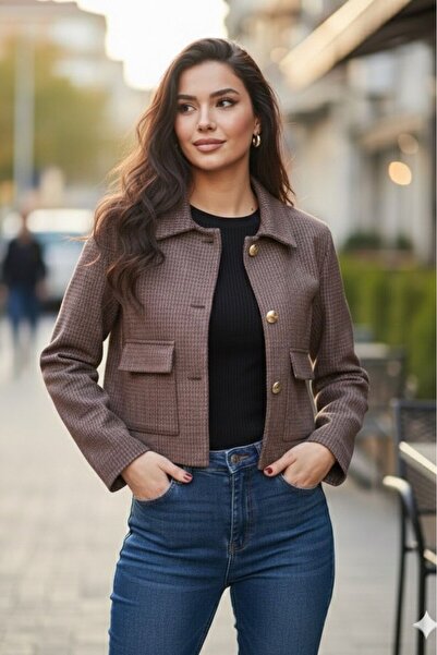 Suziş Women's Checked Plaid Fabric Lining Short Jacket 4S3007