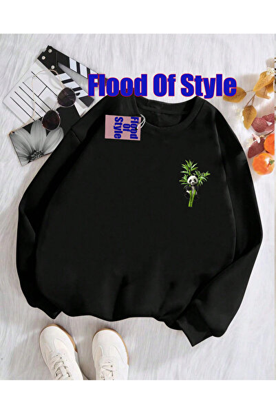 Flood Of Style سويت شيرت أسود بتصميم أوراق الباندا بسيط ذو ياقة دائرية مطبوع